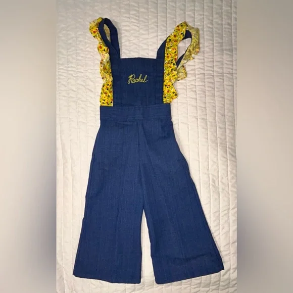 Vintage kids bellbottom overalls with yellow ruffles size T2 [k-34] - Picture 2 of 6